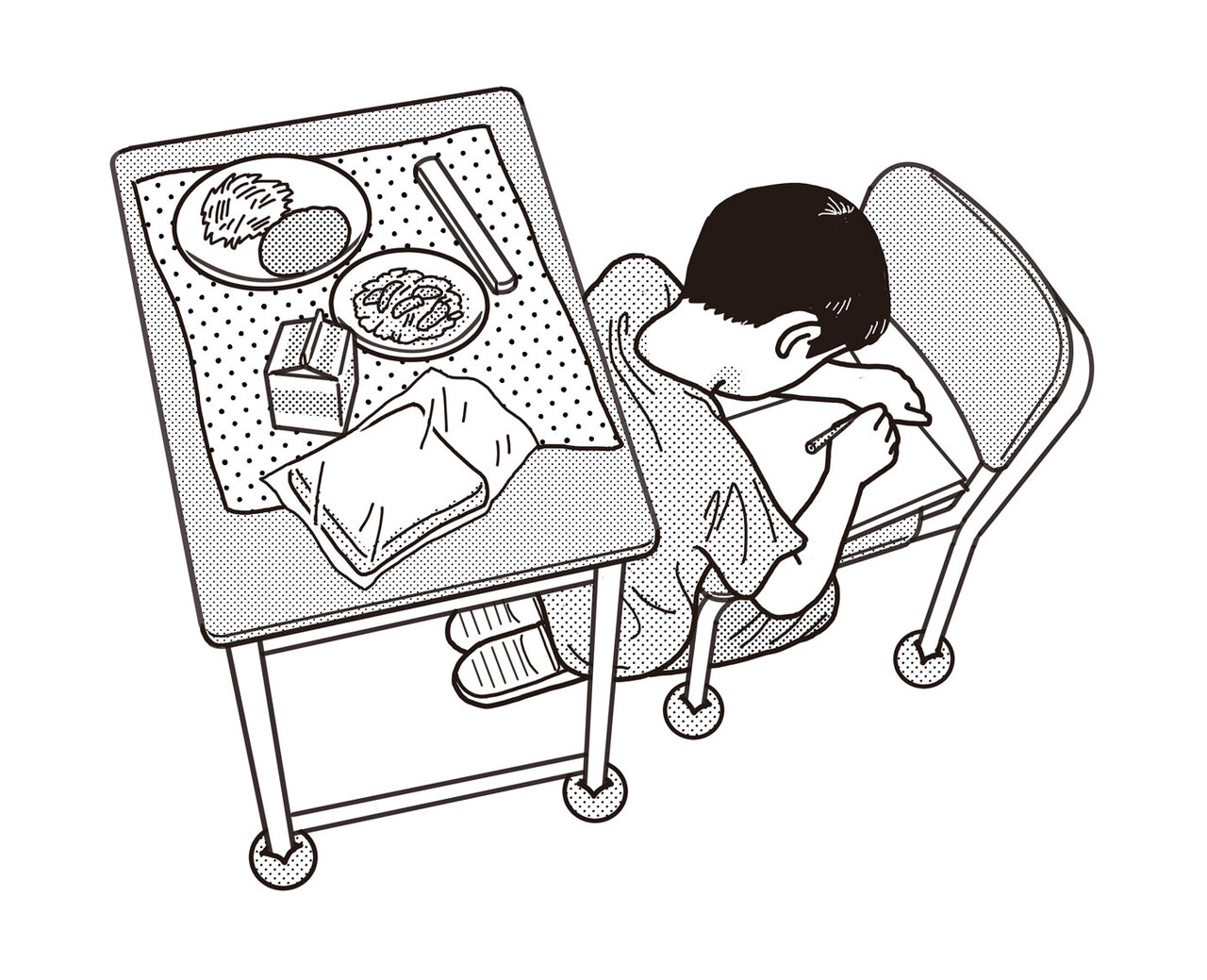 図2●給食の準備時間にプリントを解く子ども。机は給食が置かれるので椅子を机代わりにしています。